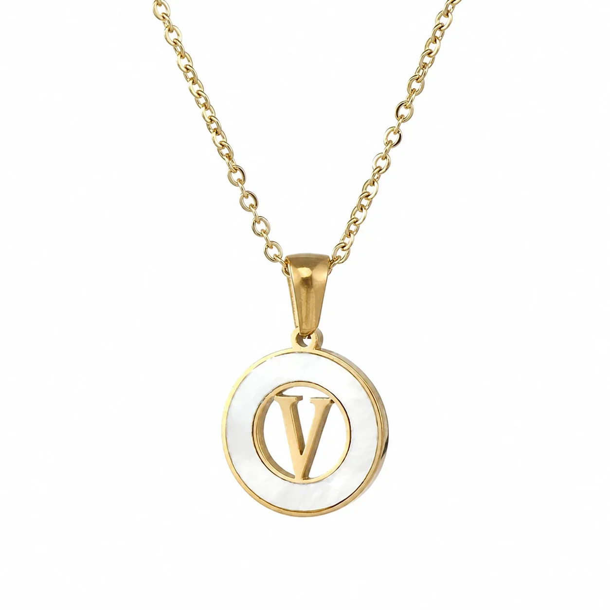 Polished Gold-Plated White Inlay Initial Pendant Necklace - V