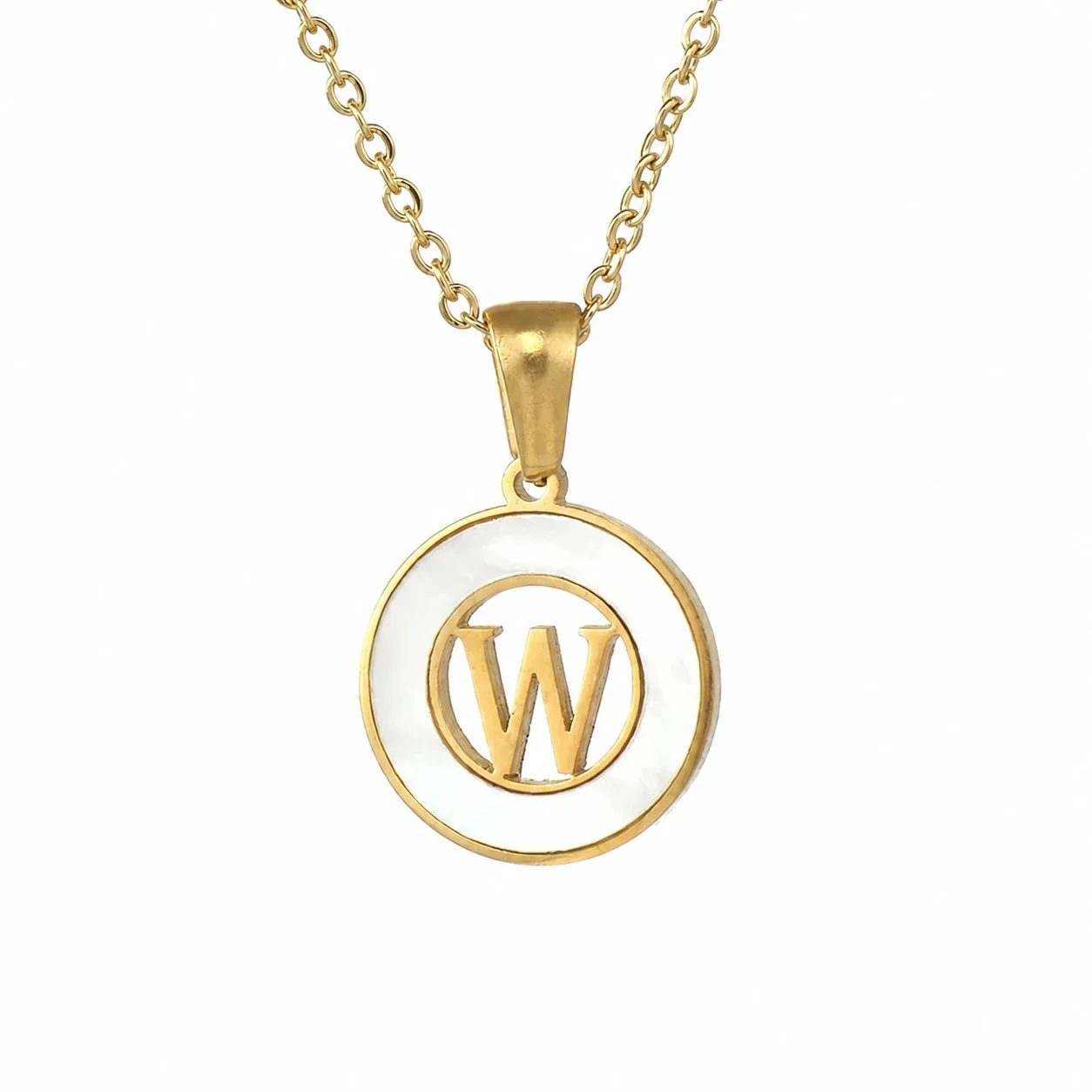 Polished Gold-Plated White Inlay Initial Pendant Necklace - W