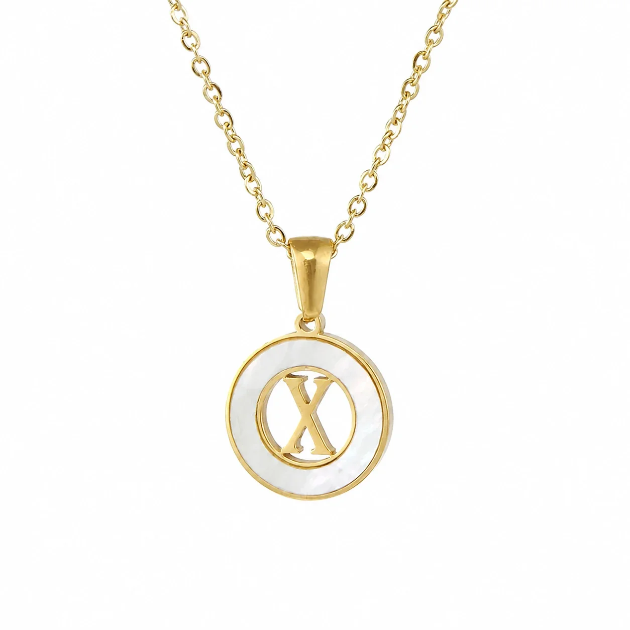 Polished Gold-Plated White Inlay Initial Pendant Necklace - X