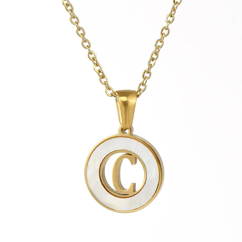 Polished Gold-Plated White Inlay Initial Pendant Necklace - C
