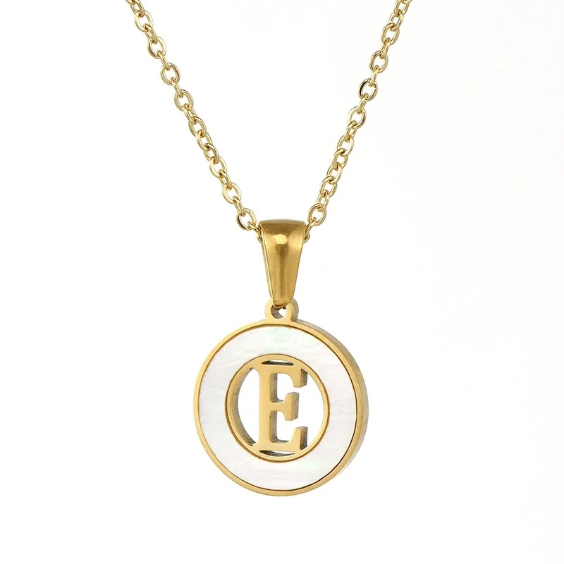 Polished Gold-Plated White Inlay Initial Pendant Necklace - E
