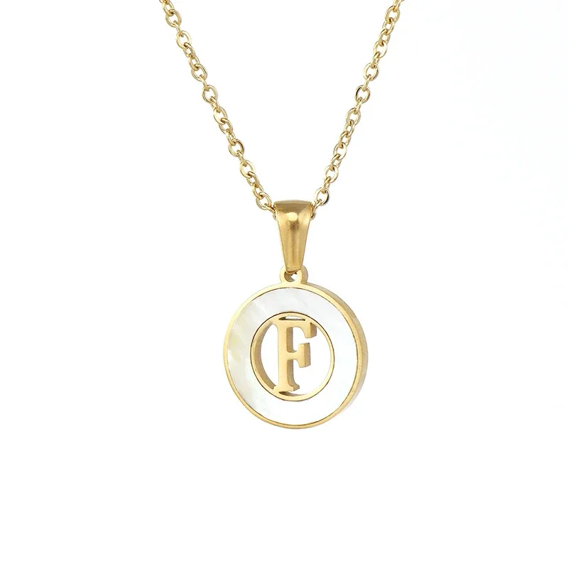 Polished Gold-Plated White Inlay Initial Pendant Necklace - F