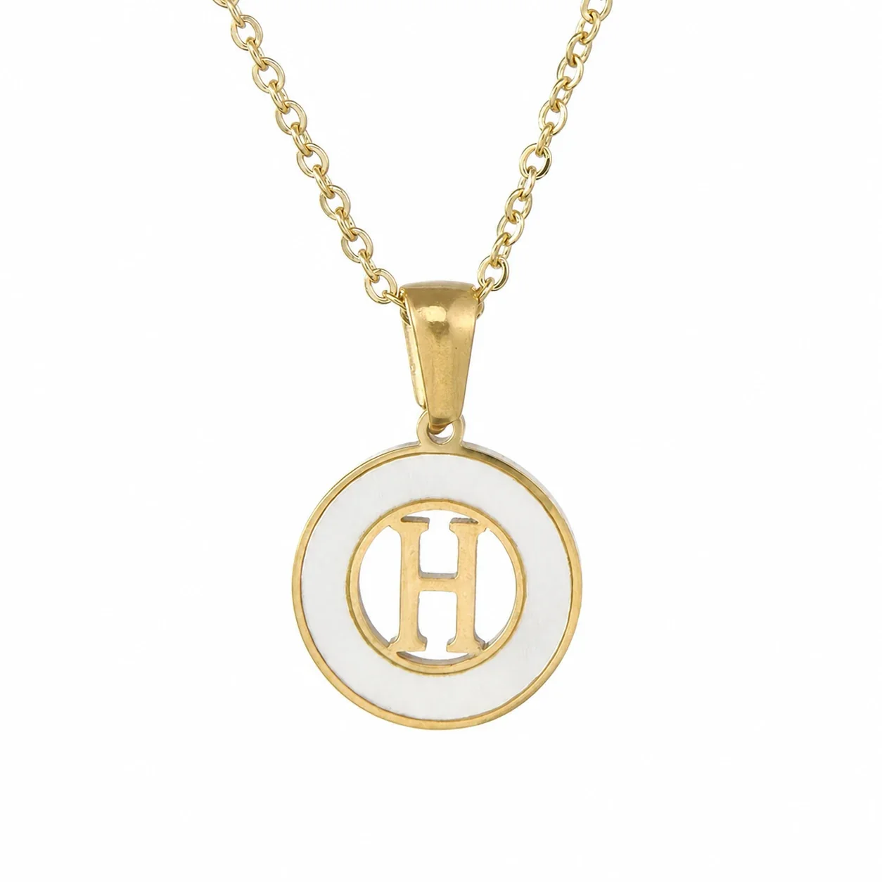 Polished Gold-Plated White Inlay Initial Pendant Necklace - H
