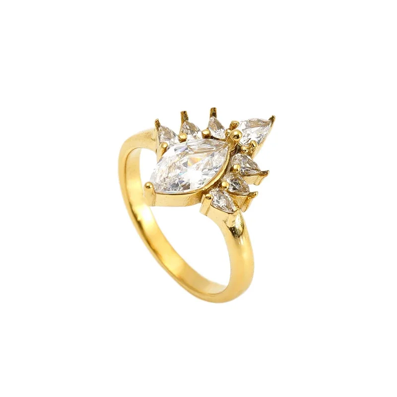 Ring, Marquise Cluster & Oval Crystal, Gold PVD 316 Stainless Steel