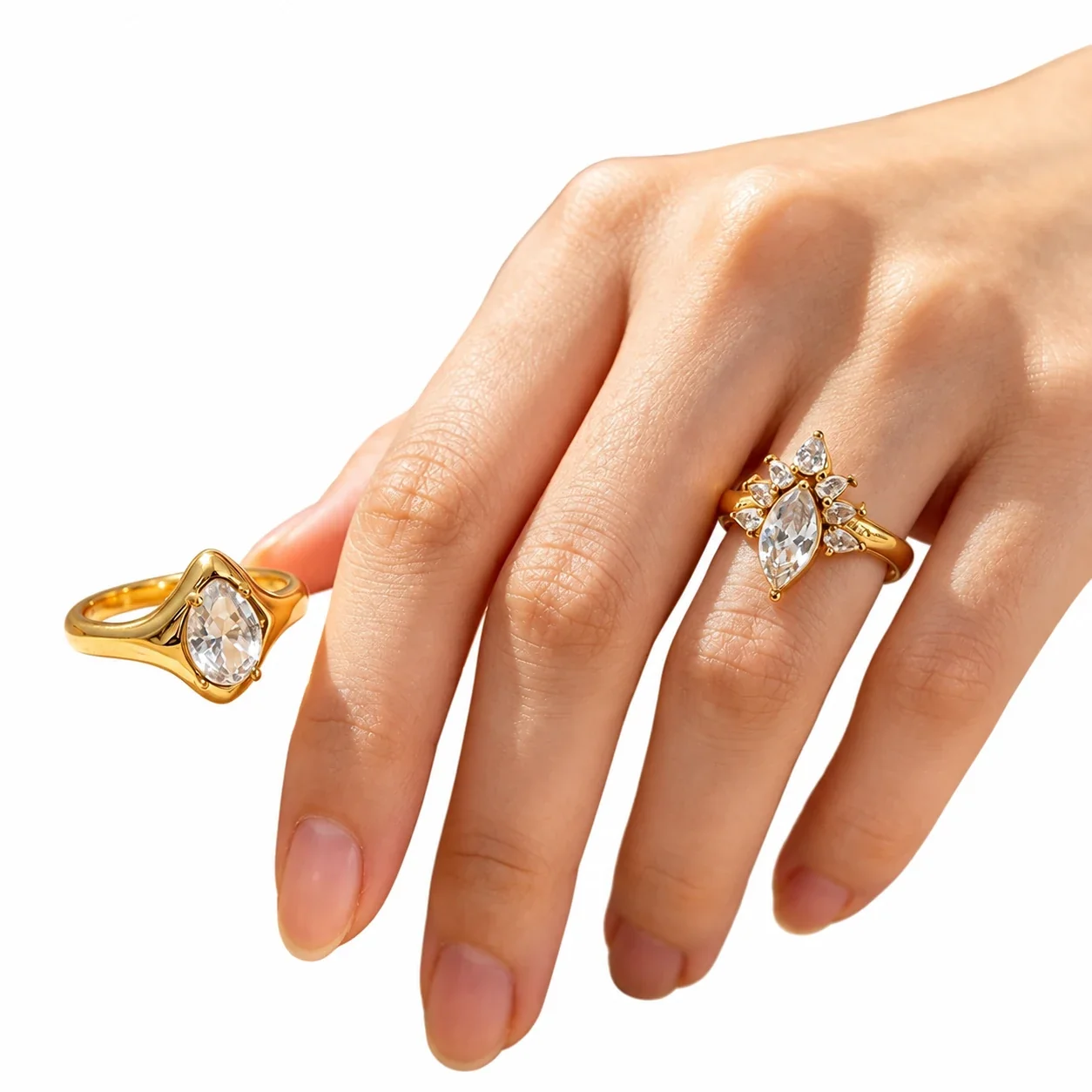 Ring, Marquise Cluster & Oval Crystal, Gold PVD 316 Stainless Steel