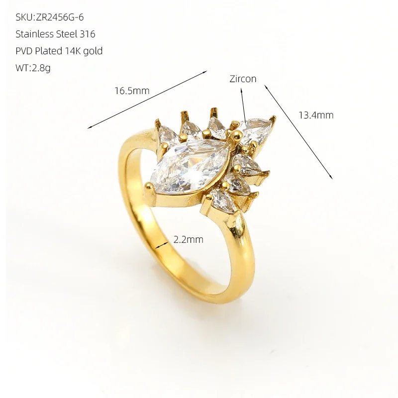 Ring, Marquise Cluster & Oval Crystal, Gold PVD 316 Stainless Steel - Gold Oval Crystal Size