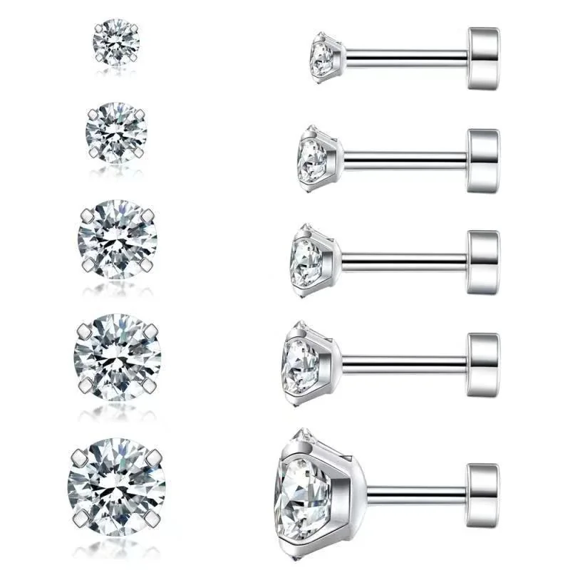 Brilliant 316 Stainless Steel Round CZ Stud Earrings - Silver Flat Disc Back