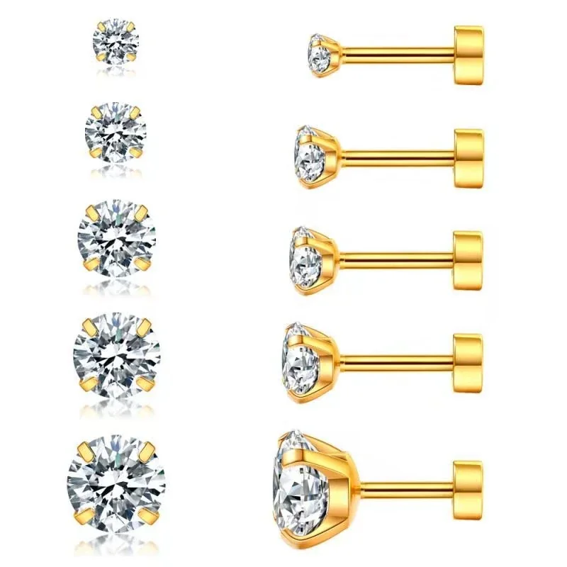 Brilliant 316 Stainless Steel Round CZ Stud Earrings - Gold Flat Disc Back