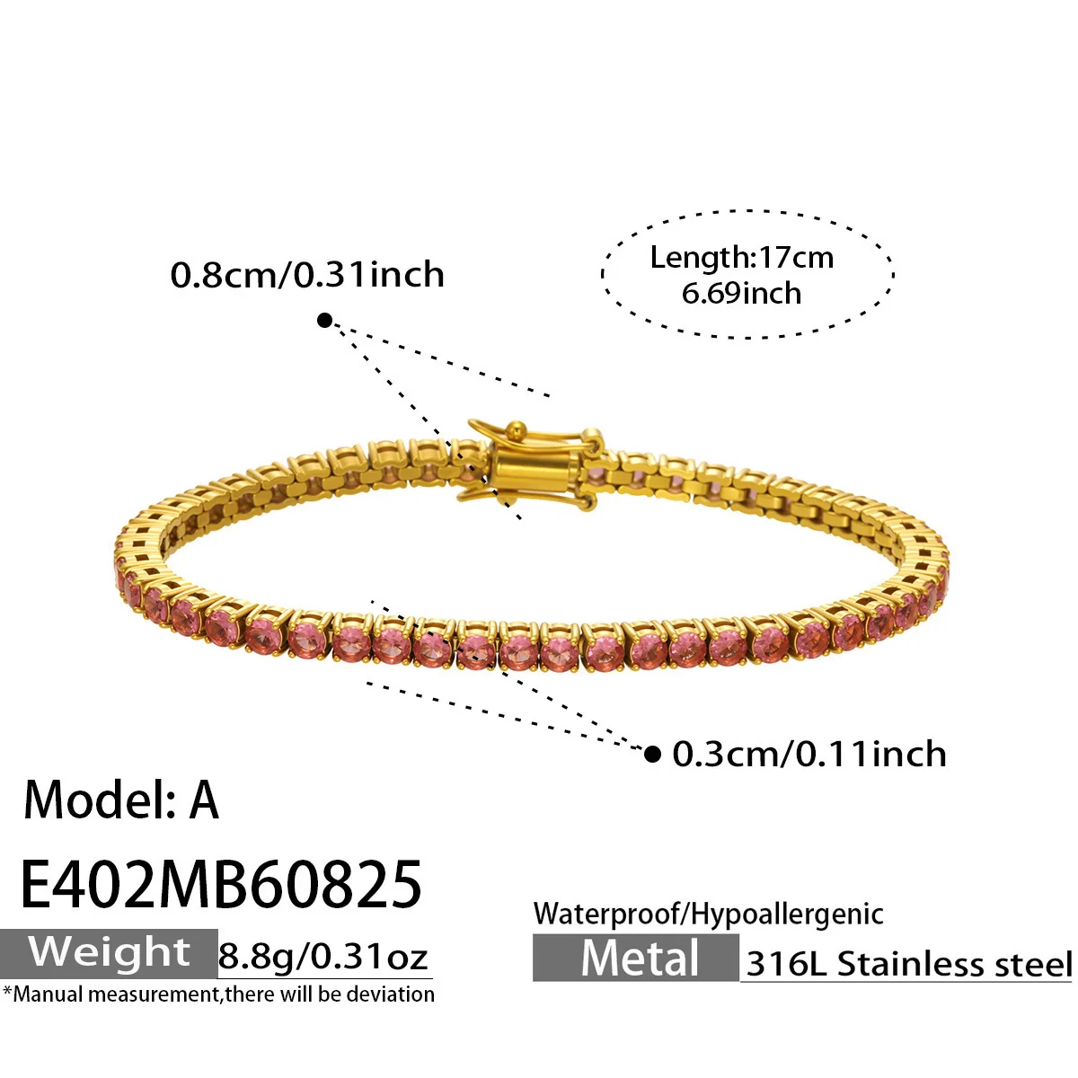 Produktfoto: Tennisarmband mit rundem Zirkonia aus Edelstahl 316