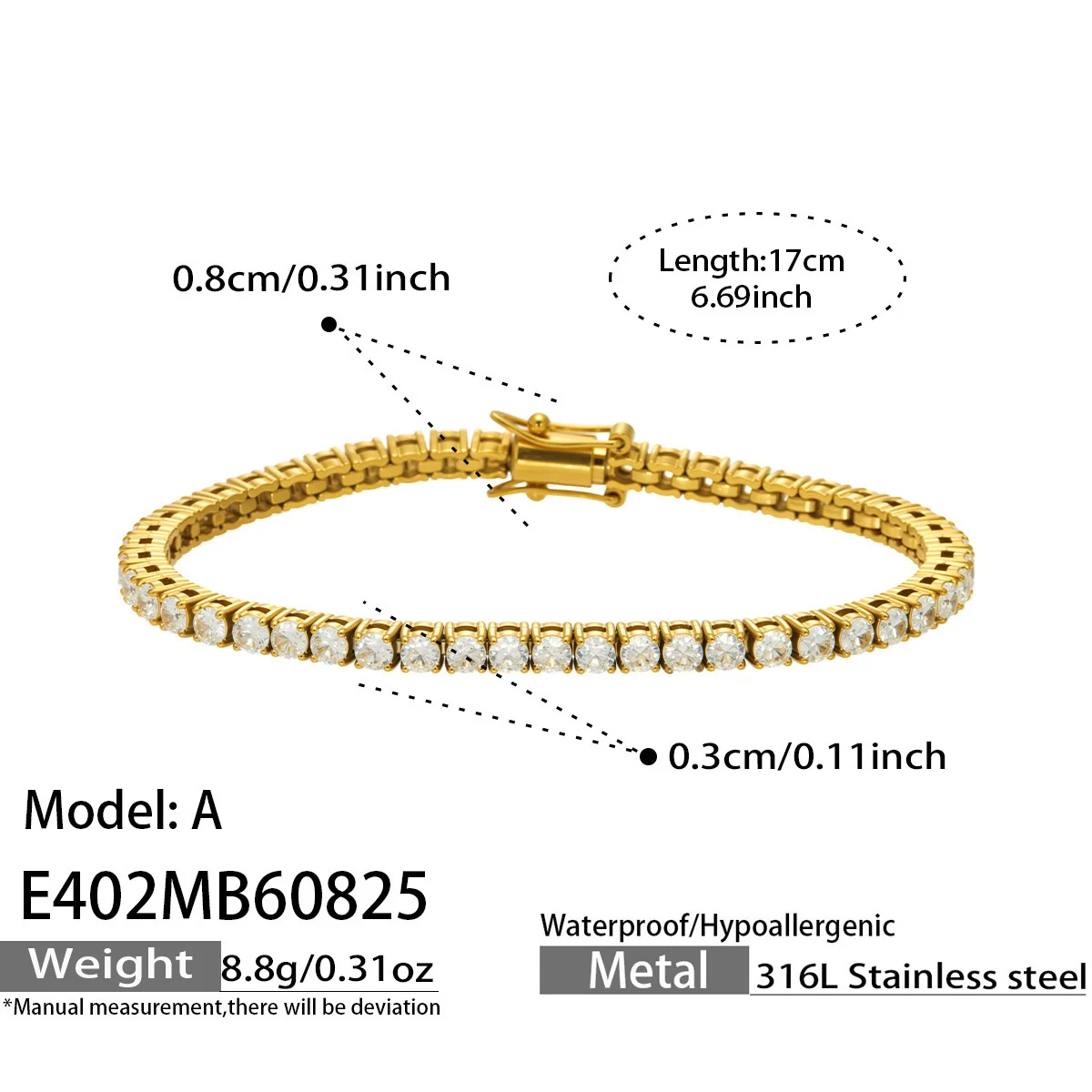Produktfoto: Tennisarmband mit rundem Zirkonia aus Edelstahl 316