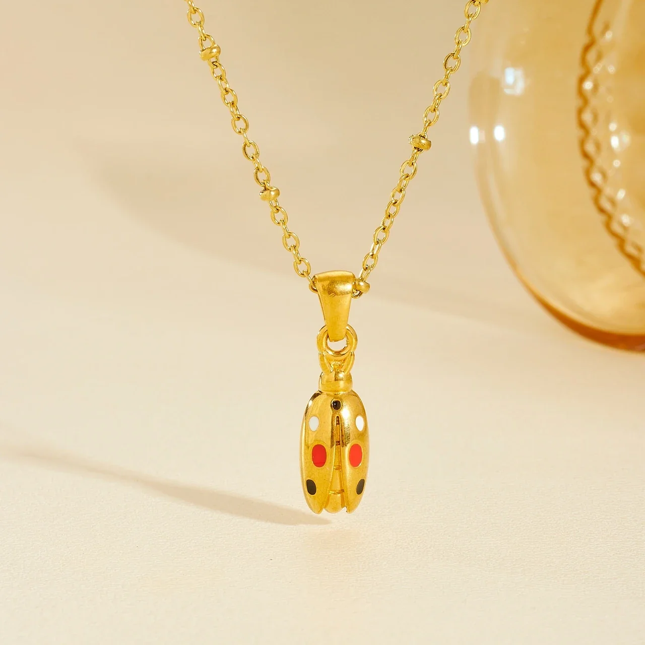 Ladybug Pendant Necklace with Bead Chain Gold-Plated Stainless Steel