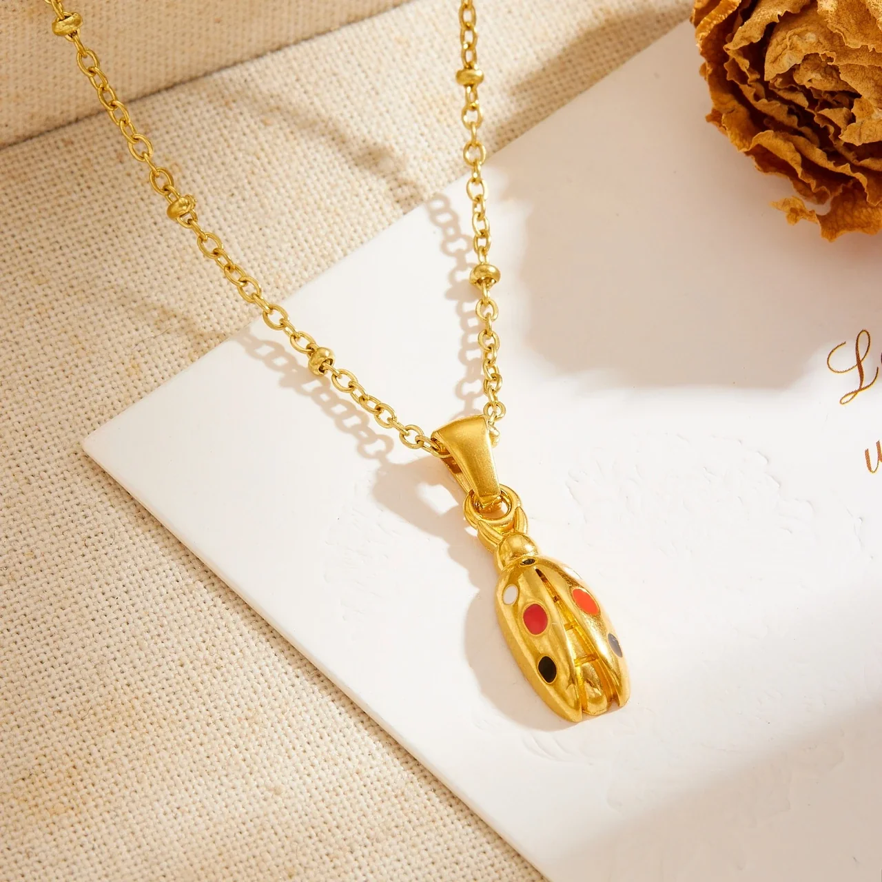Ladybug Pendant Necklace with Bead Chain Gold-Plated Stainless Steel