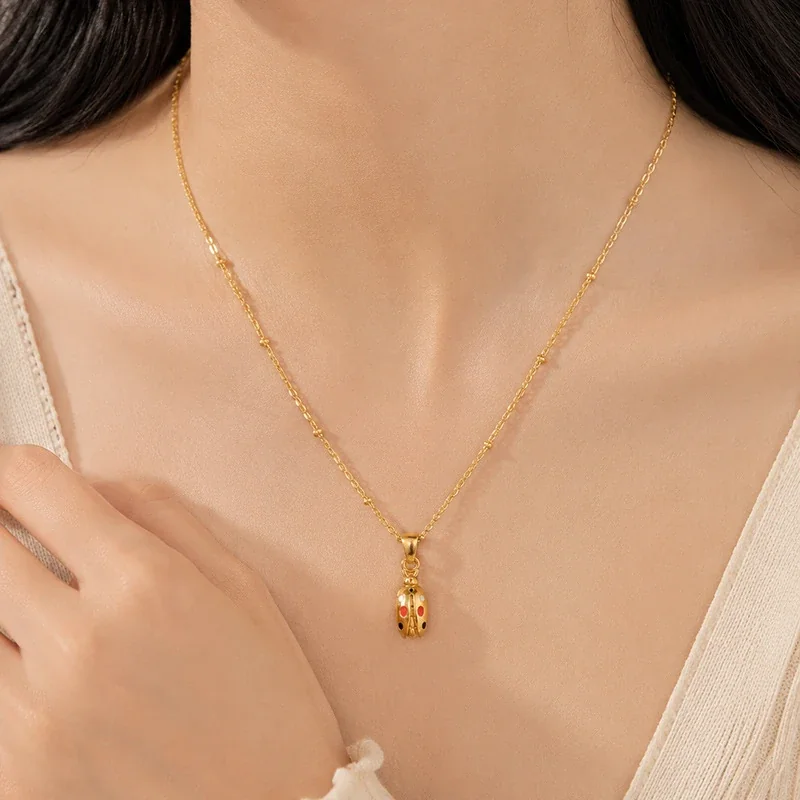 Ladybug Pendant Necklace with Bead Chain Gold-Plated Stainless Steel