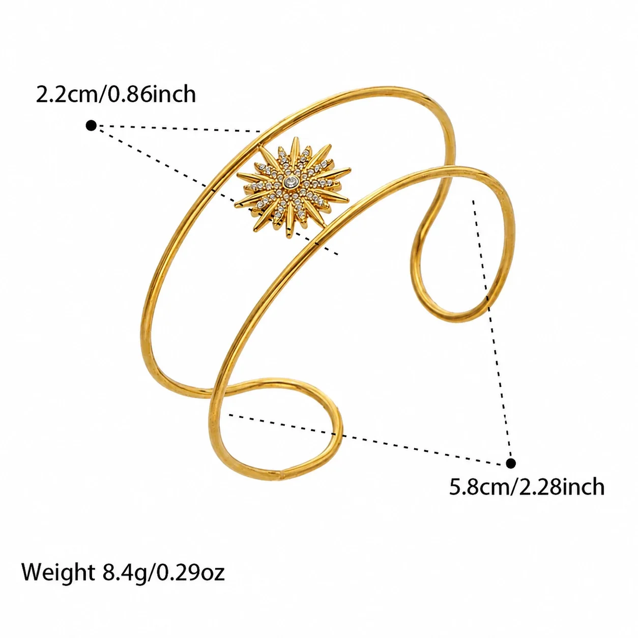 Radiant Sunburst 316L Stainless Steel Triple-Wire Cuff - Gold Sun CZ