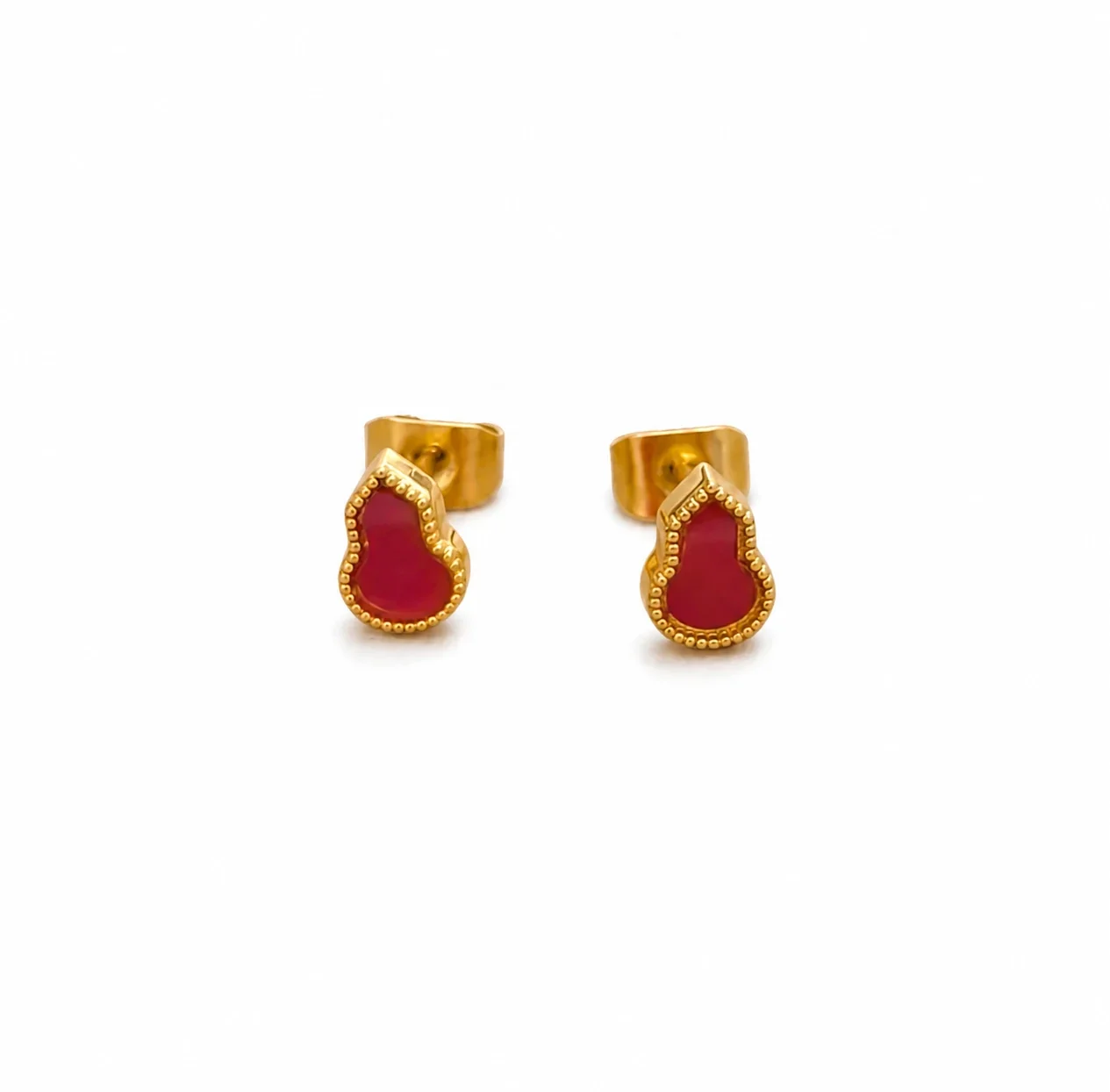 Petite Gold-Plated Gourd Beaded Enamel Stud Earrings - Gold Red
