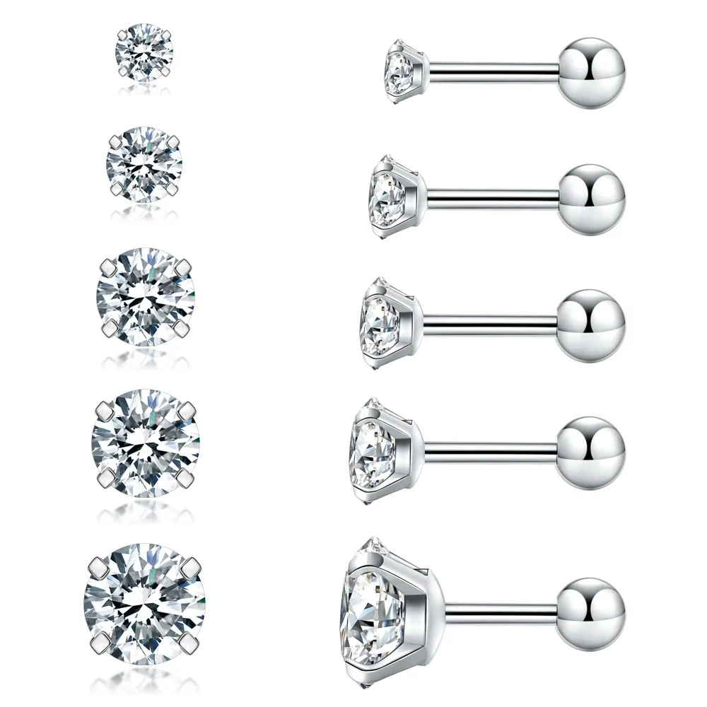 Polished 316 Stainless Round CZ Stud Earrings - Steel