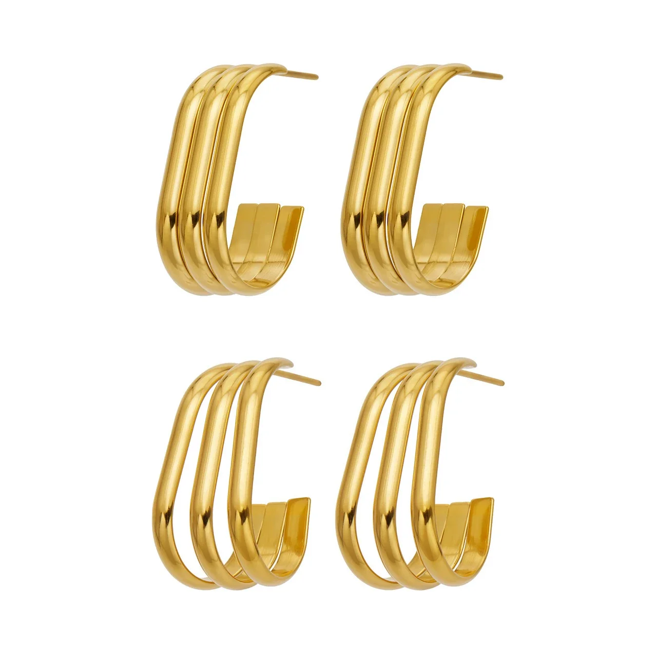 Brincos Argola Triplo Perfil C em Aço Inoxidável 316 com PVD Dourado