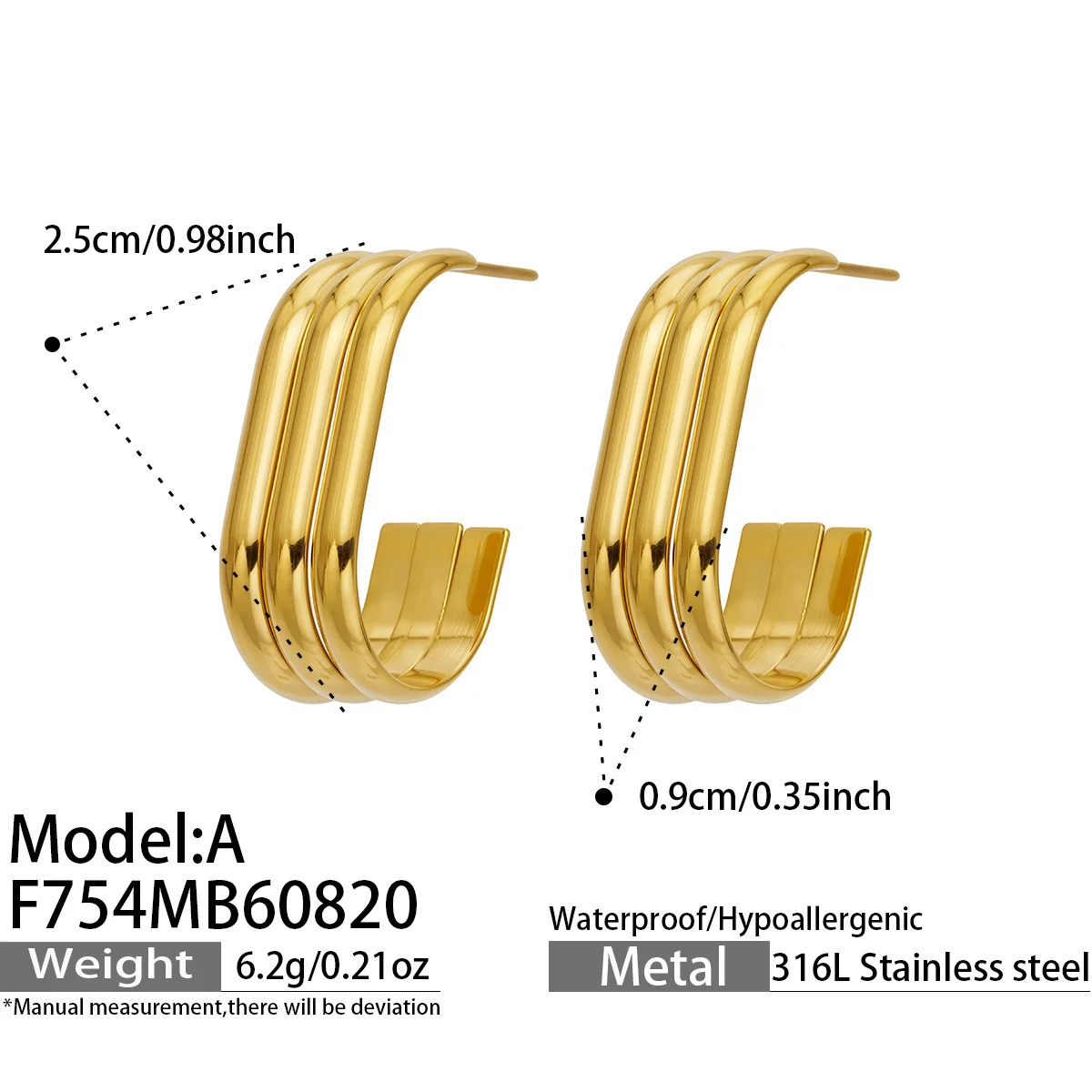Produktfoto: Creolen mit dreifachem C-Profil aus Edelstahl 316 in Gold PVD