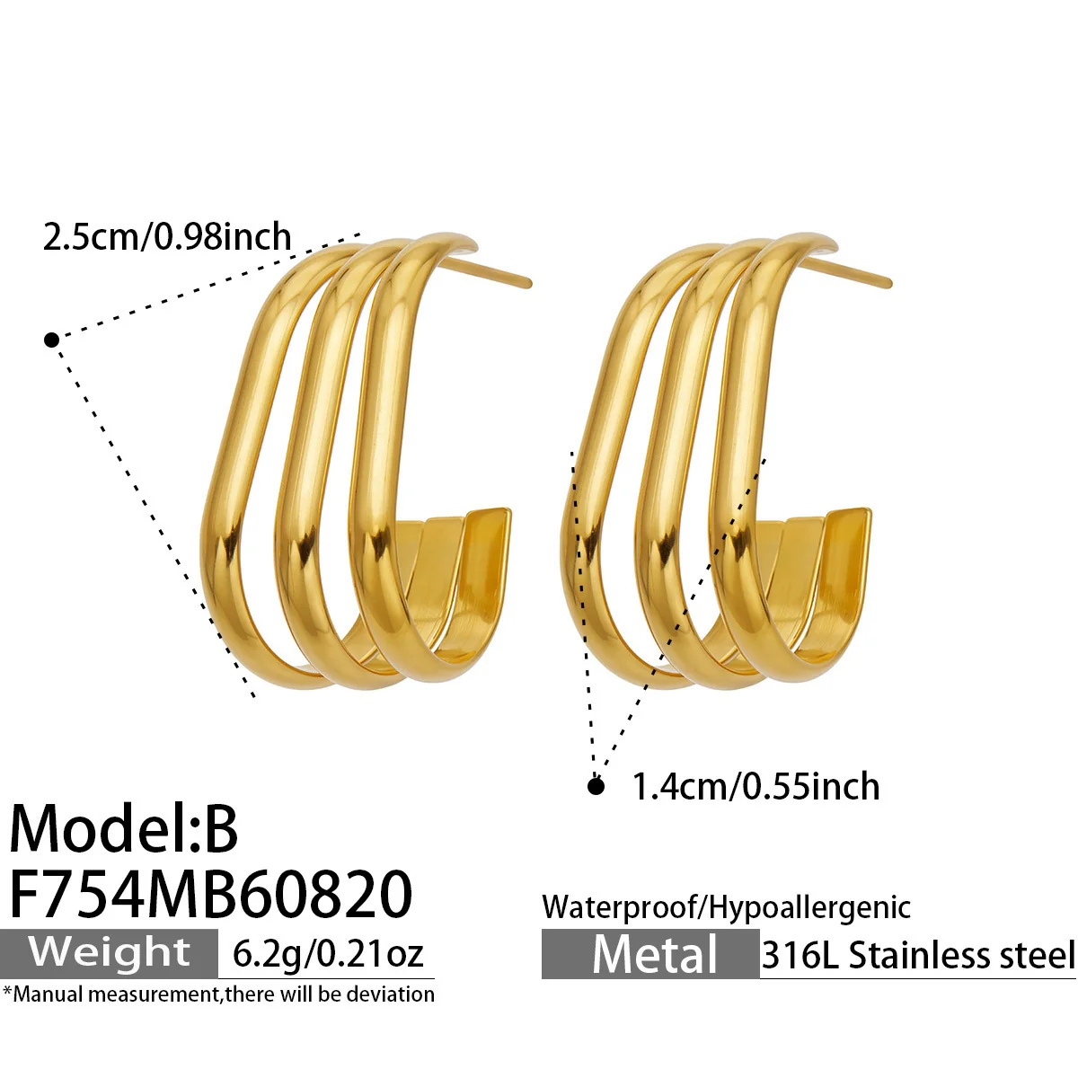 Produktfoto: Creolen mit dreifachem C-Profil aus Edelstahl 316 in Gold PVD