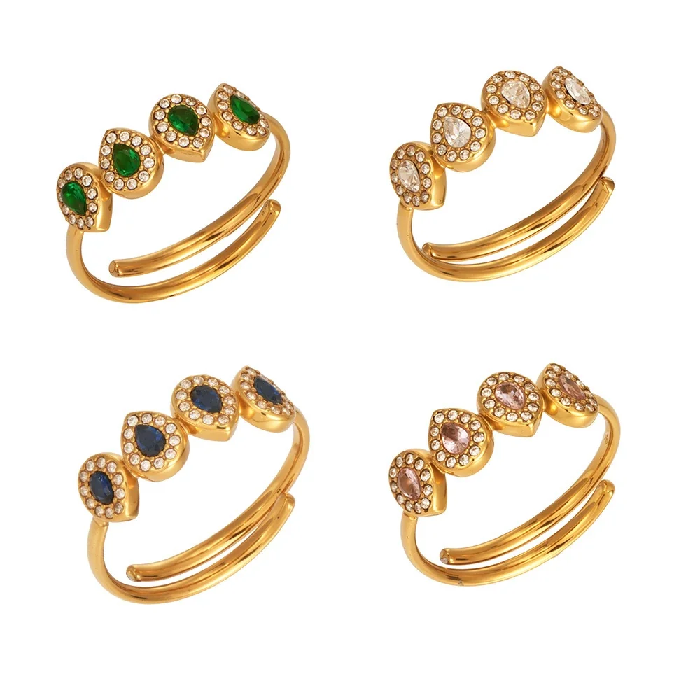 Open Ring with Four Pear-Cut CZ Halo Stones, Stainless Steel