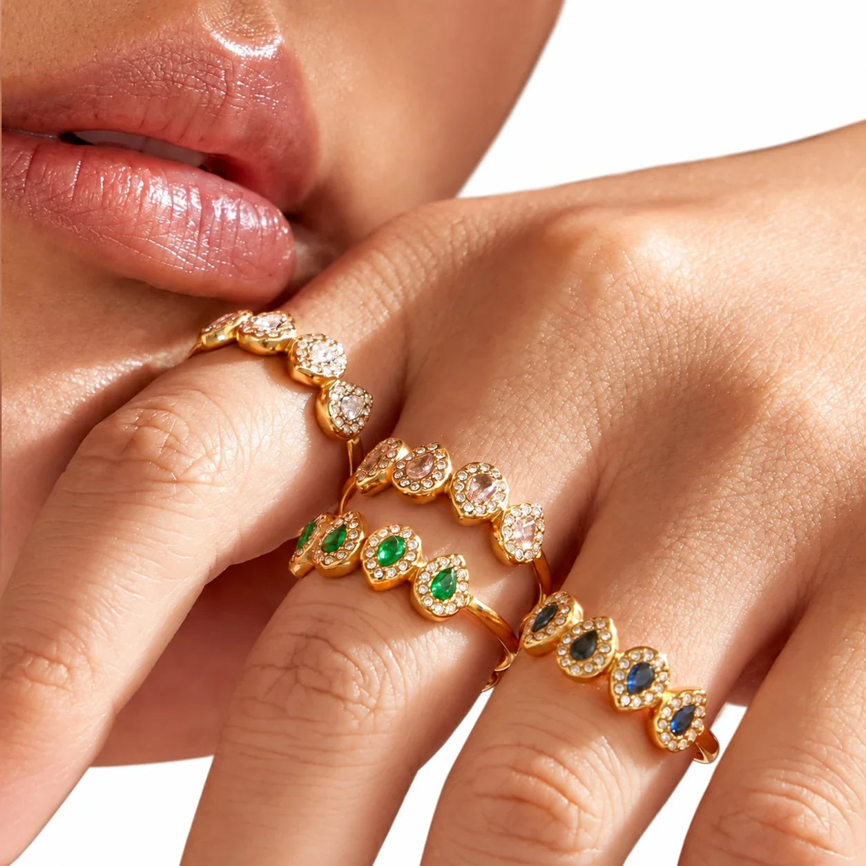 Open Ring with Four Pear-Cut CZ Halo Stones, Stainless Steel