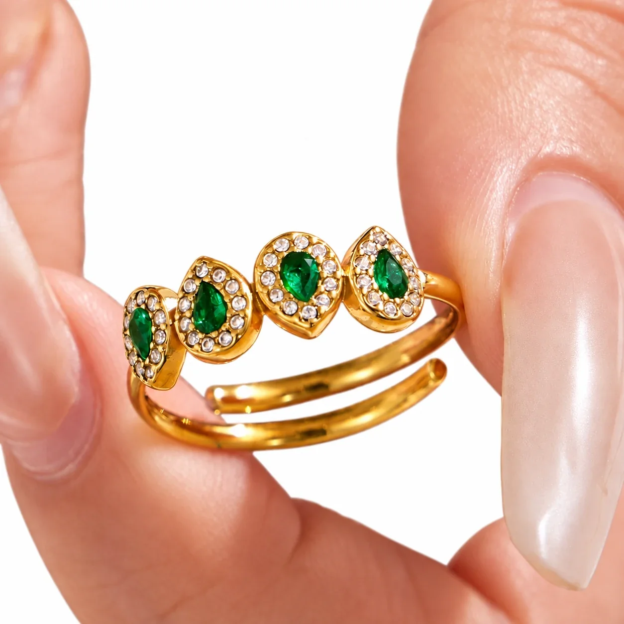Open Ring with Four Pear-Cut CZ Halo Stones, Stainless Steel