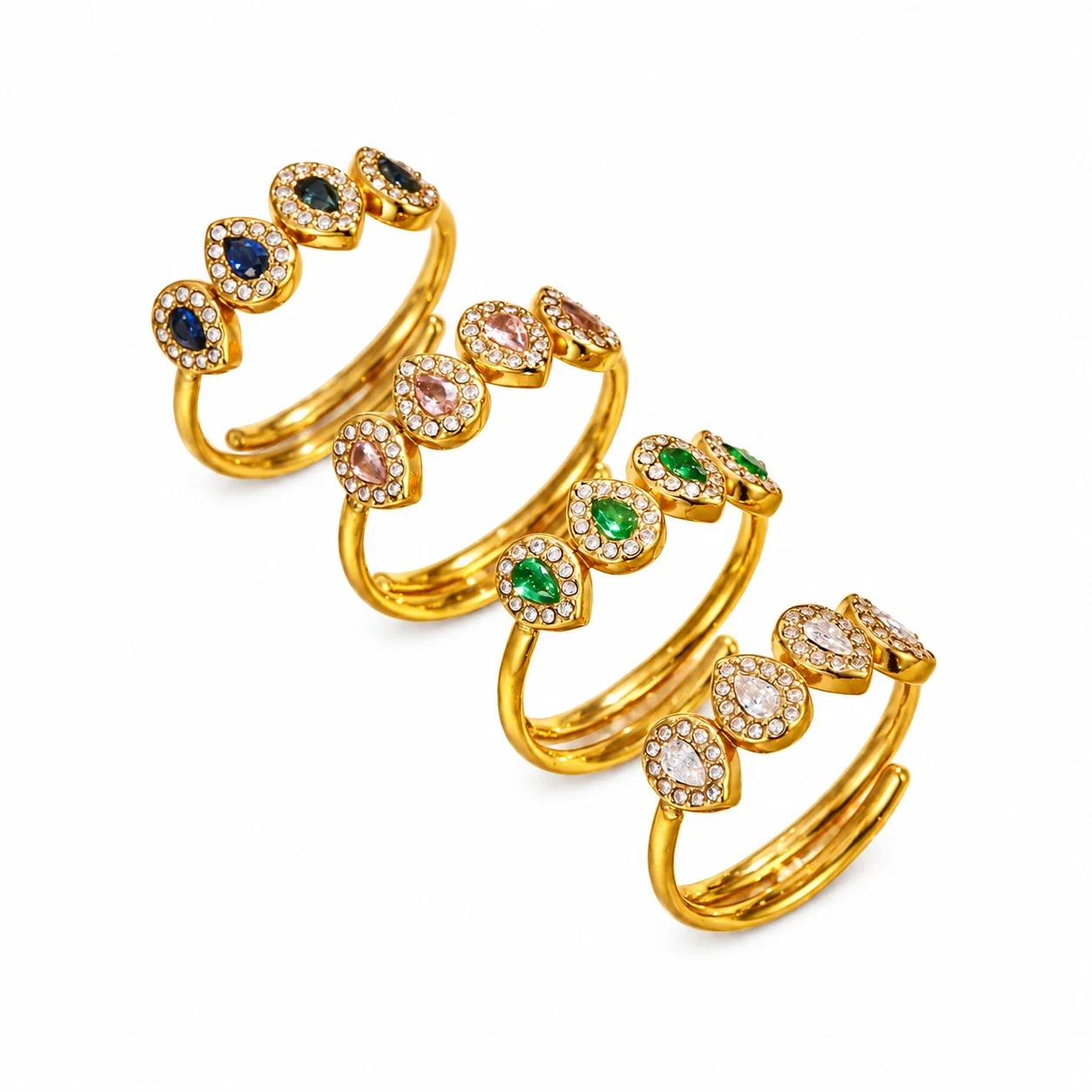 Open Ring with Four Pear-Cut CZ Halo Stones, Stainless Steel