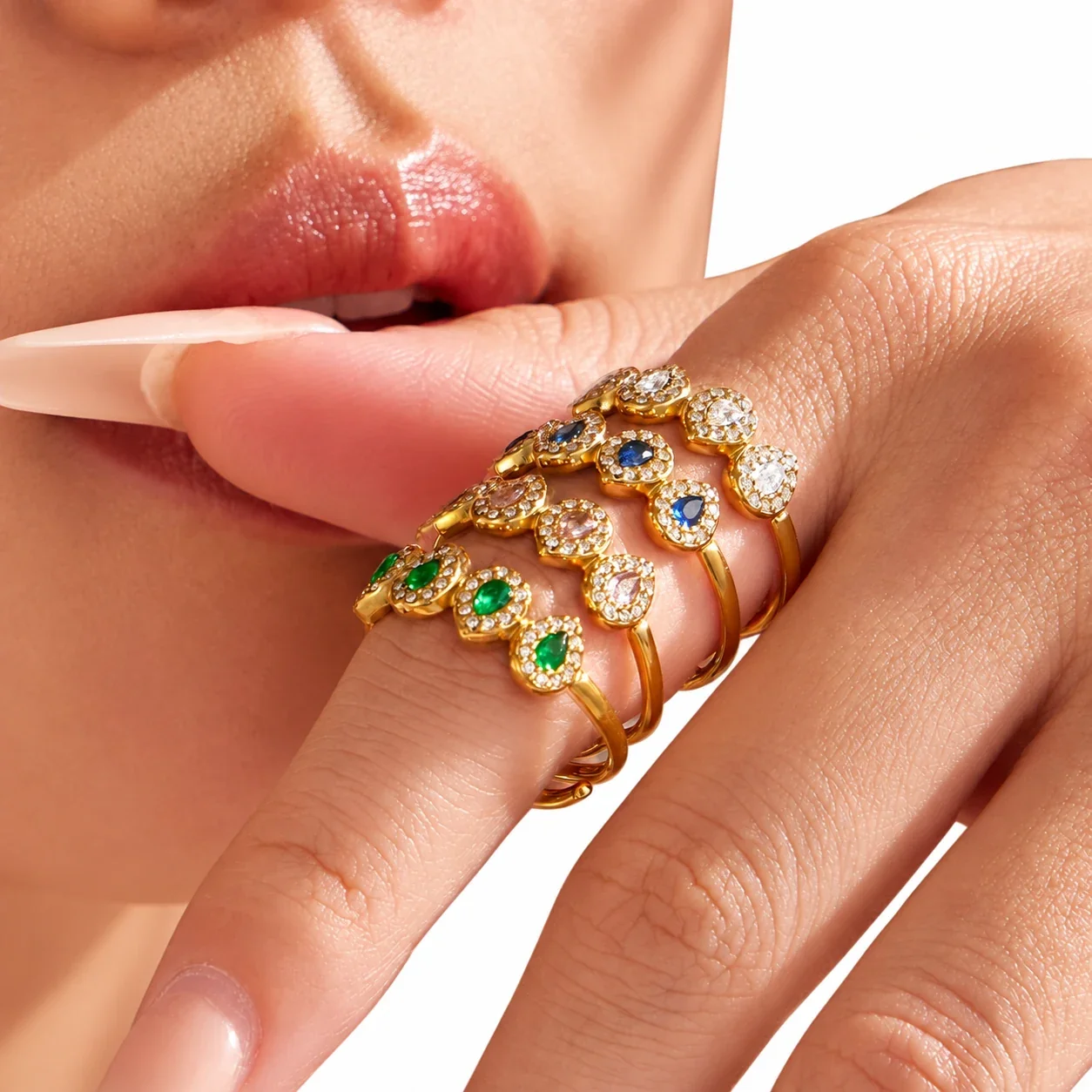Open Ring with Four Pear-Cut CZ Halo Stones, Stainless Steel