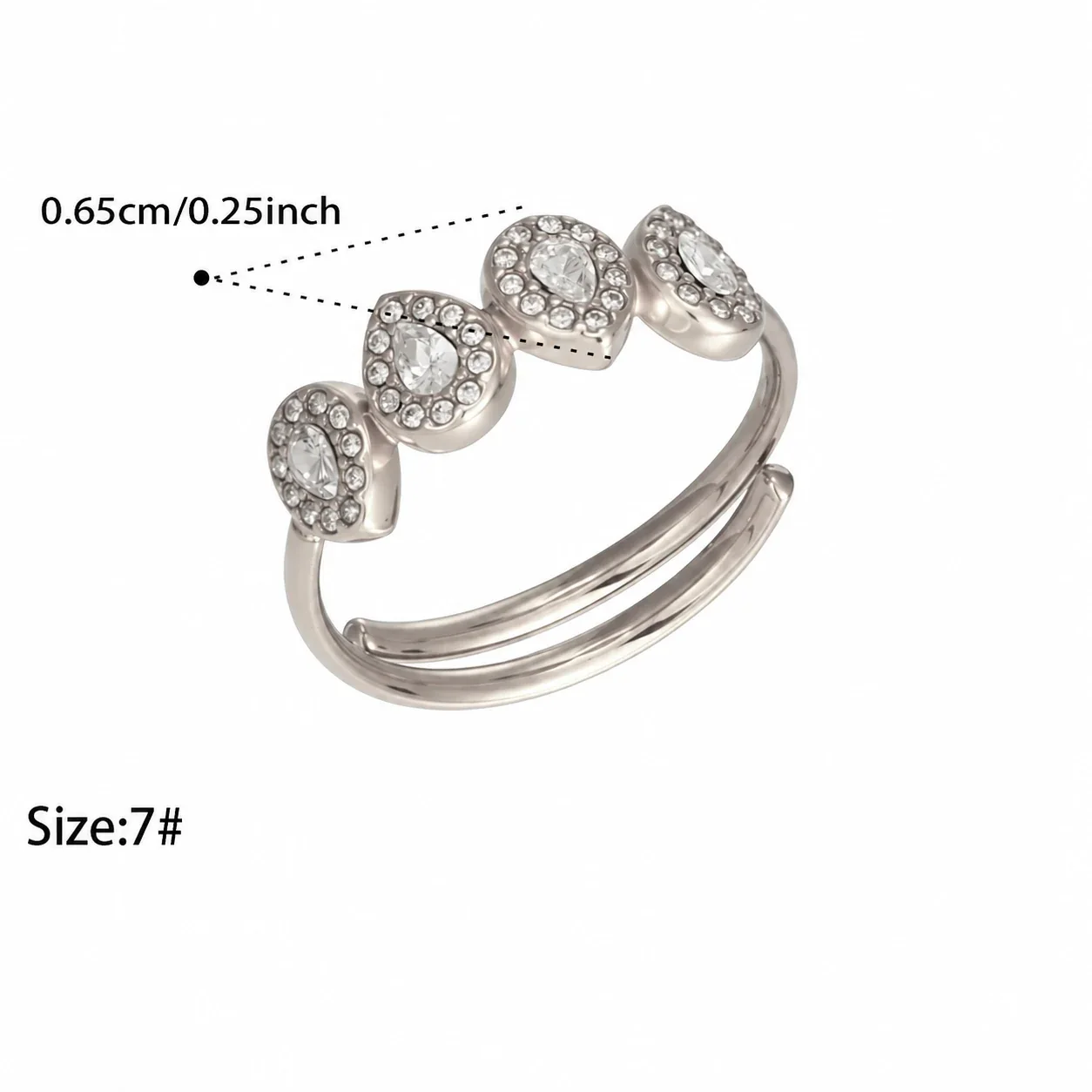 Open Ring with Four Pear-Cut CZ Halo Stones, Stainless Steel - Silver White CZ