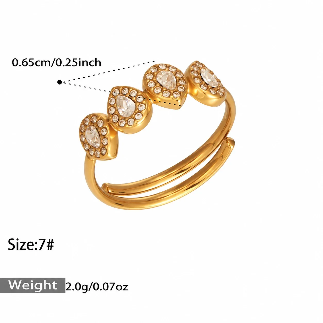 Open Ring with Four Pear-Cut CZ Halo Stones, Stainless Steel - Gold White CZ