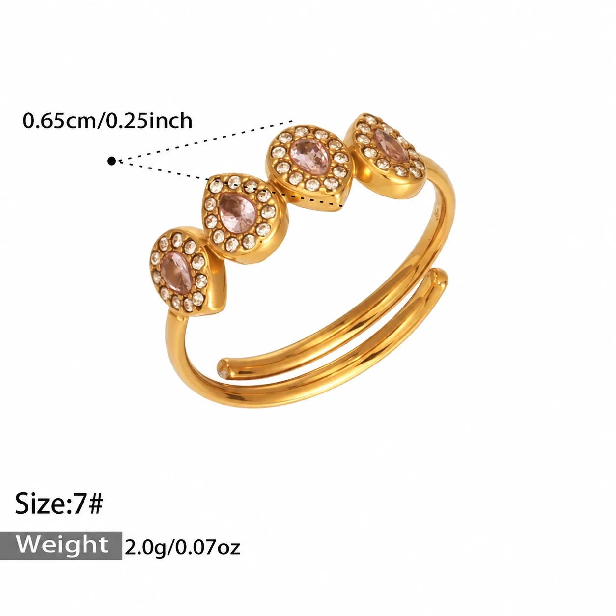 Open Ring with Four Pear-Cut CZ Halo Stones, Stainless Steel - Gold Pink CZ