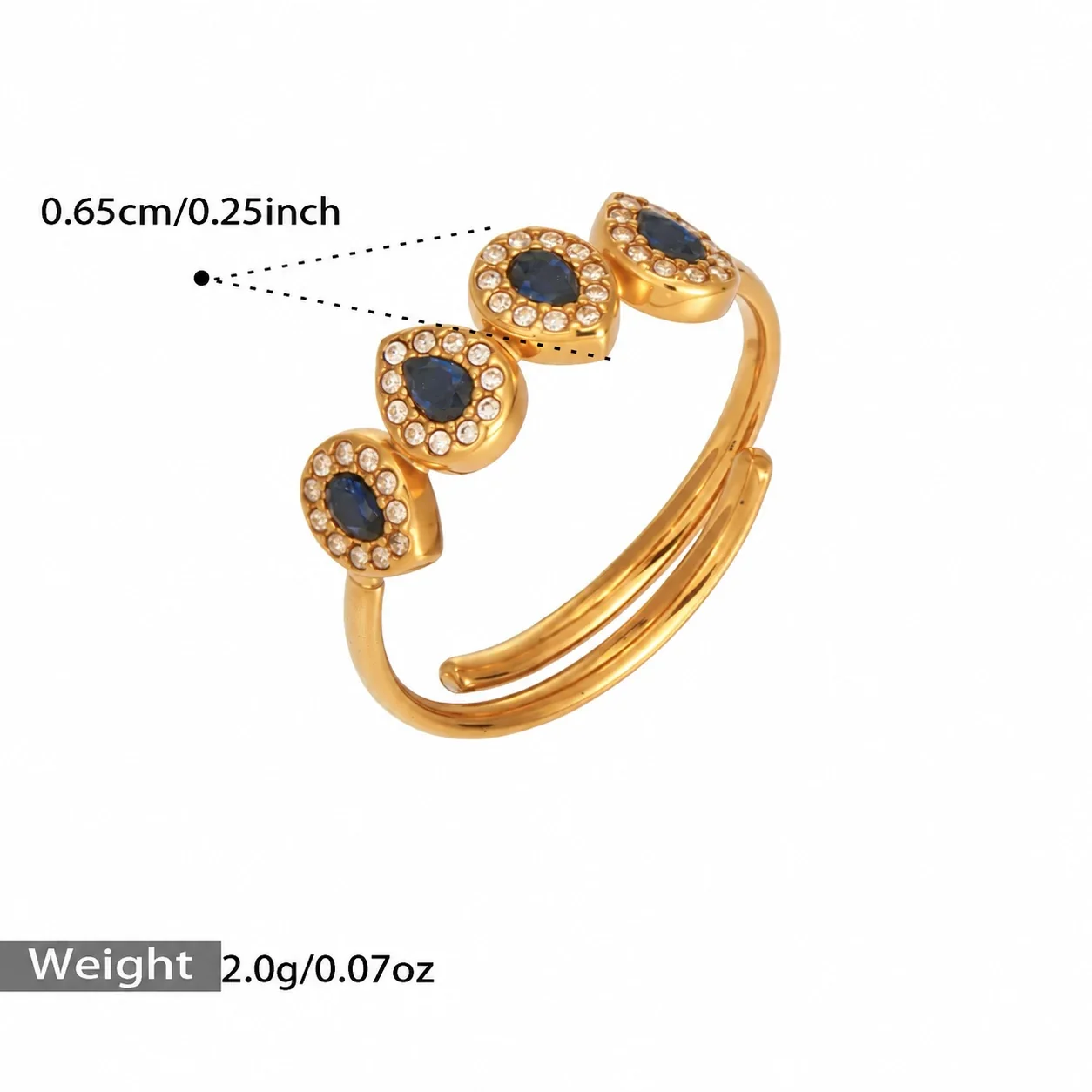 Open Ring with Four Pear-Cut CZ Halo Stones, Stainless Steel - Gold Blue CZ