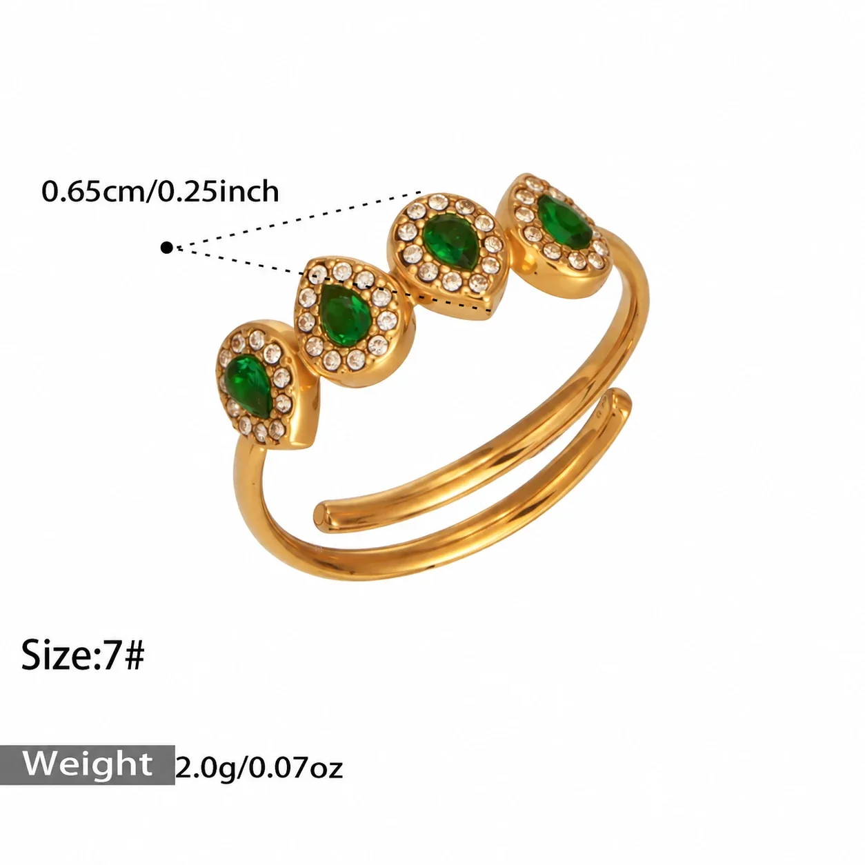 Open Ring with Four Pear-Cut CZ Halo Stones, Stainless Steel - Gold Green CZ