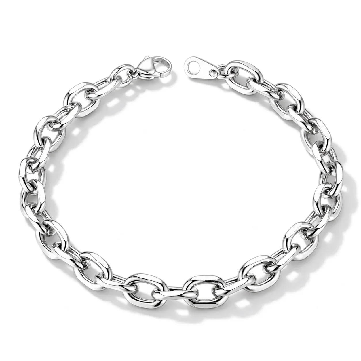 Chain Bracelet, Polished Oval Links, Stainless Steel - Silver 7 mm
