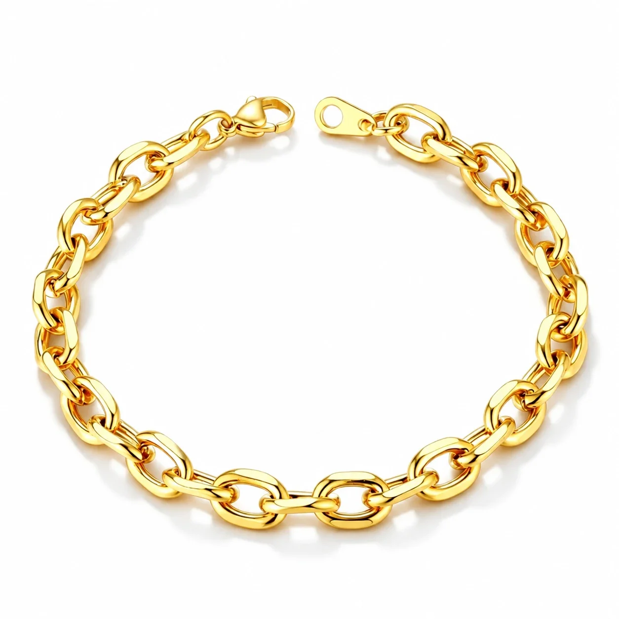 Chain Bracelet, Polished Oval Links, Stainless Steel - Gold 7 mm