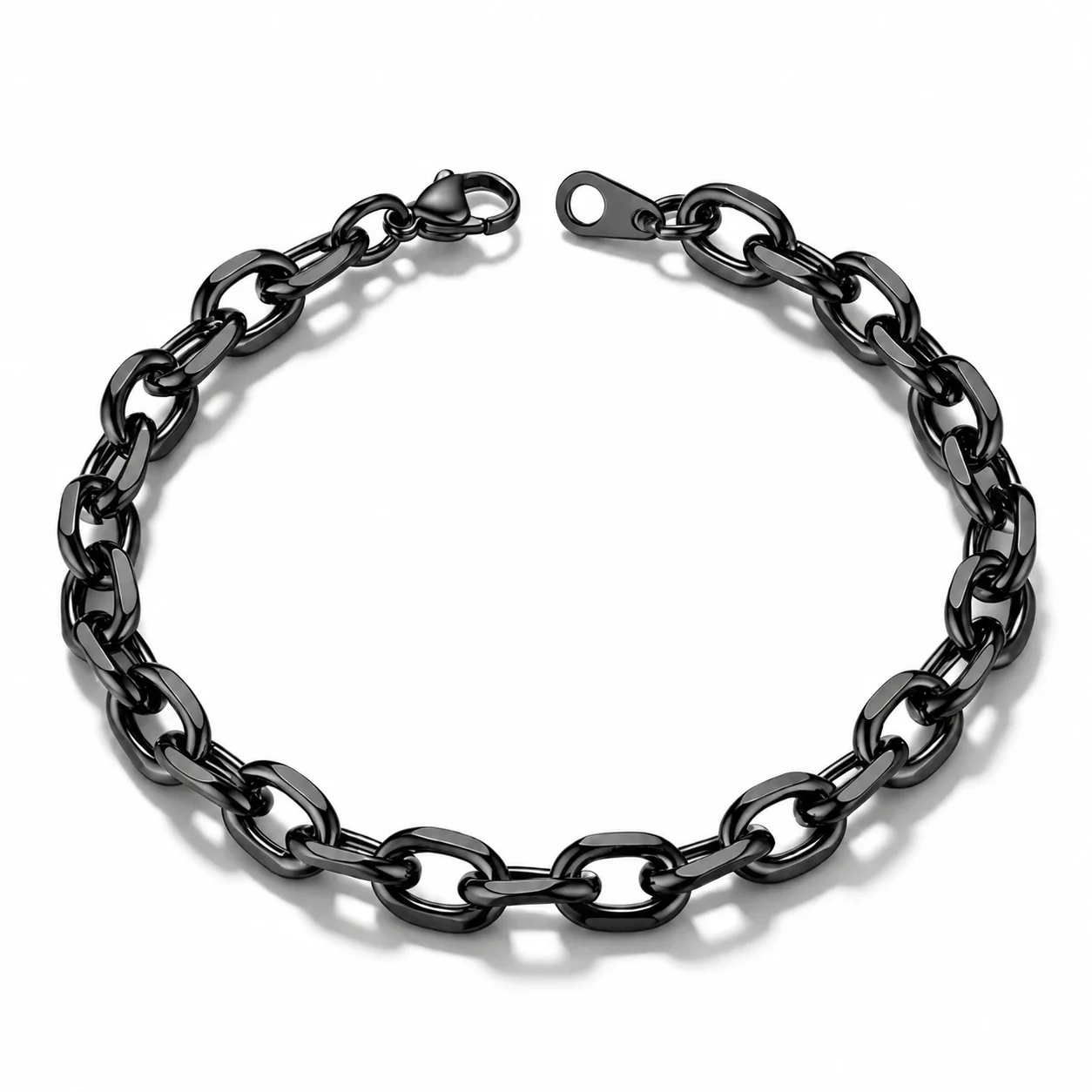 Chain Bracelet, Polished Oval Links, Stainless Steel - Black 7 mm