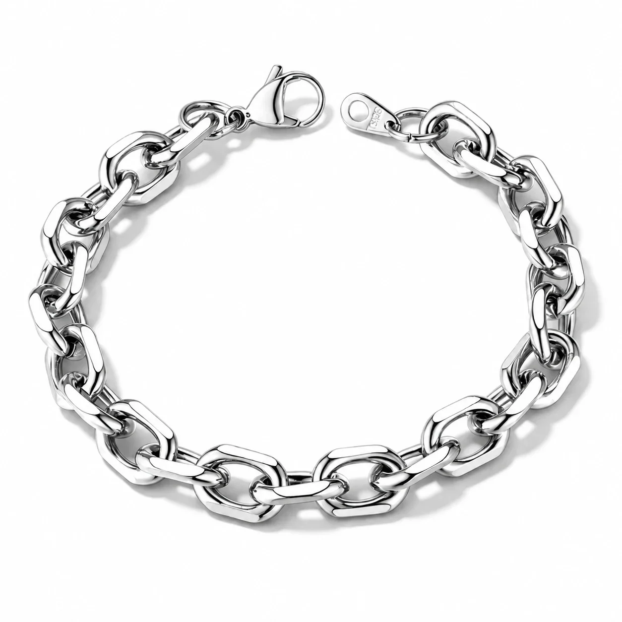 Chain Bracelet, Polished Oval Links, Stainless Steel - Silver 9 mm
