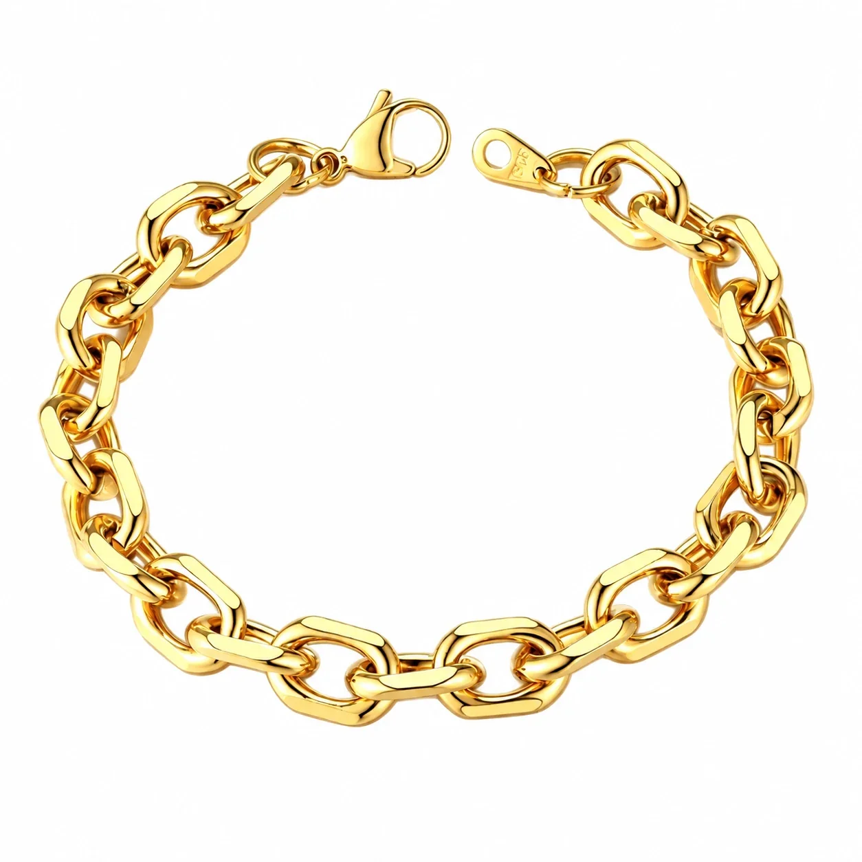 Chain Bracelet, Polished Oval Links, Stainless Steel - Gold 9 mm