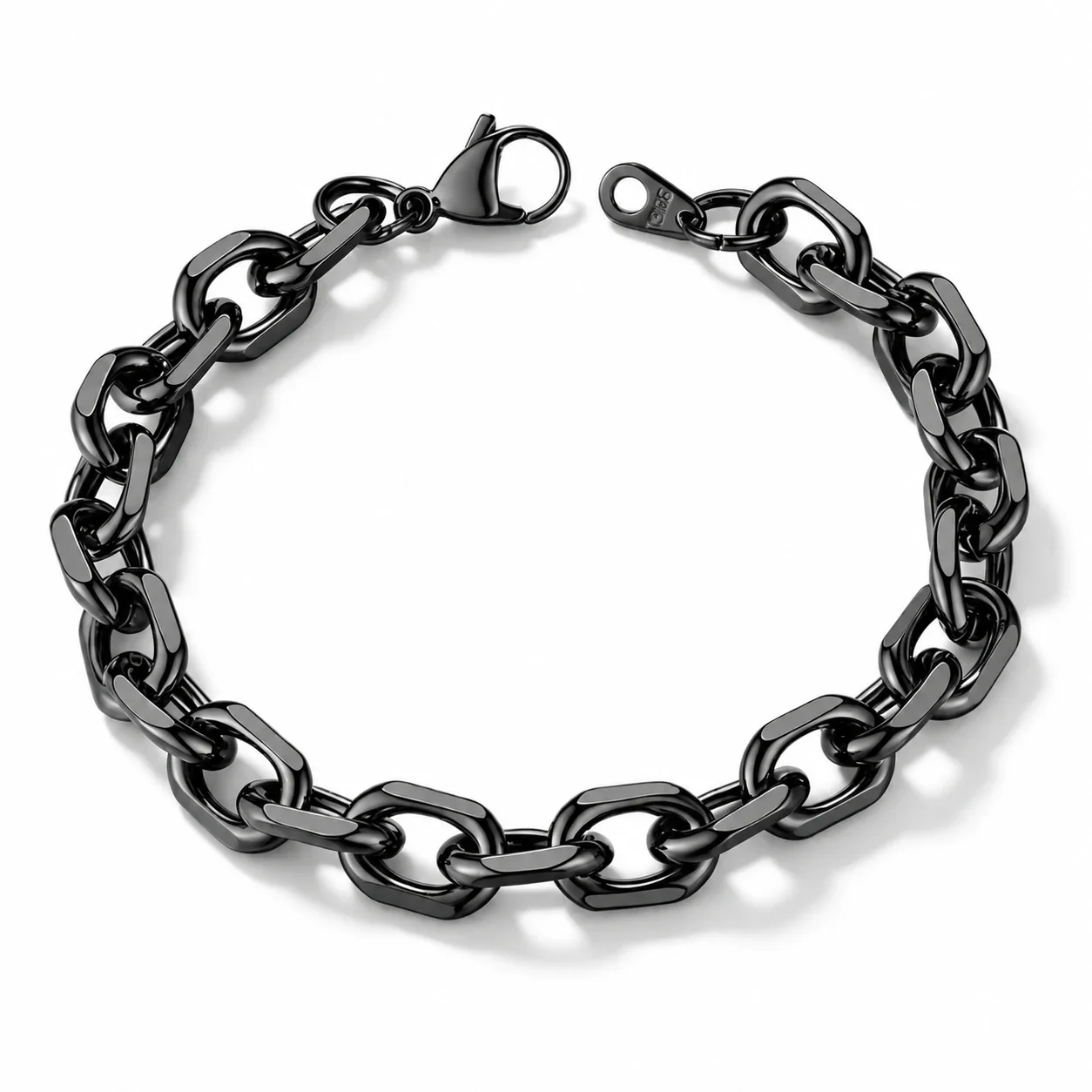 Chain Bracelet, Polished Oval Links, Stainless Steel - Black 9 mm