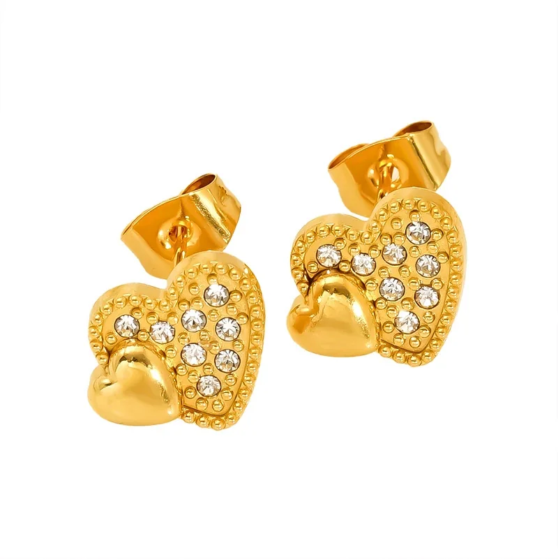 Polished Stainless Steel CZ Heart Stud Earrings