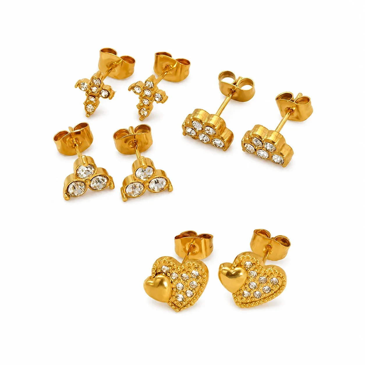 Polished Stainless Steel CZ Heart Stud Earrings