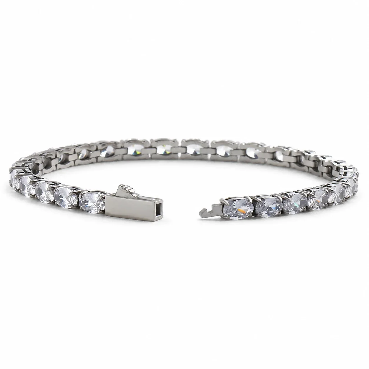 Polished 316 Stainless Oval CZ Tennis Bracelet - Silver Oval x mm CZ