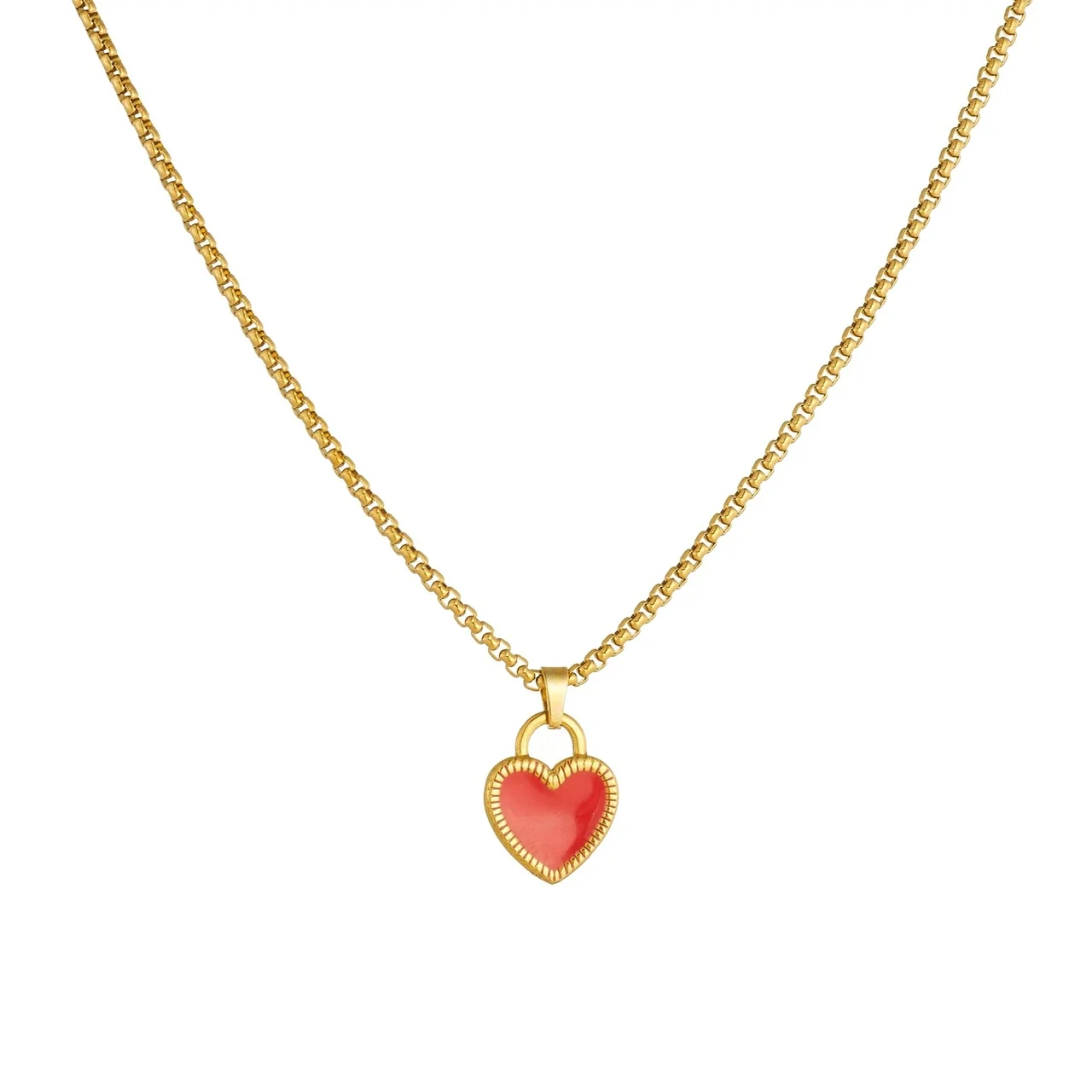 Heart Lock Pendant Necklace with Ribbed Enamel Gold-Plated Steel