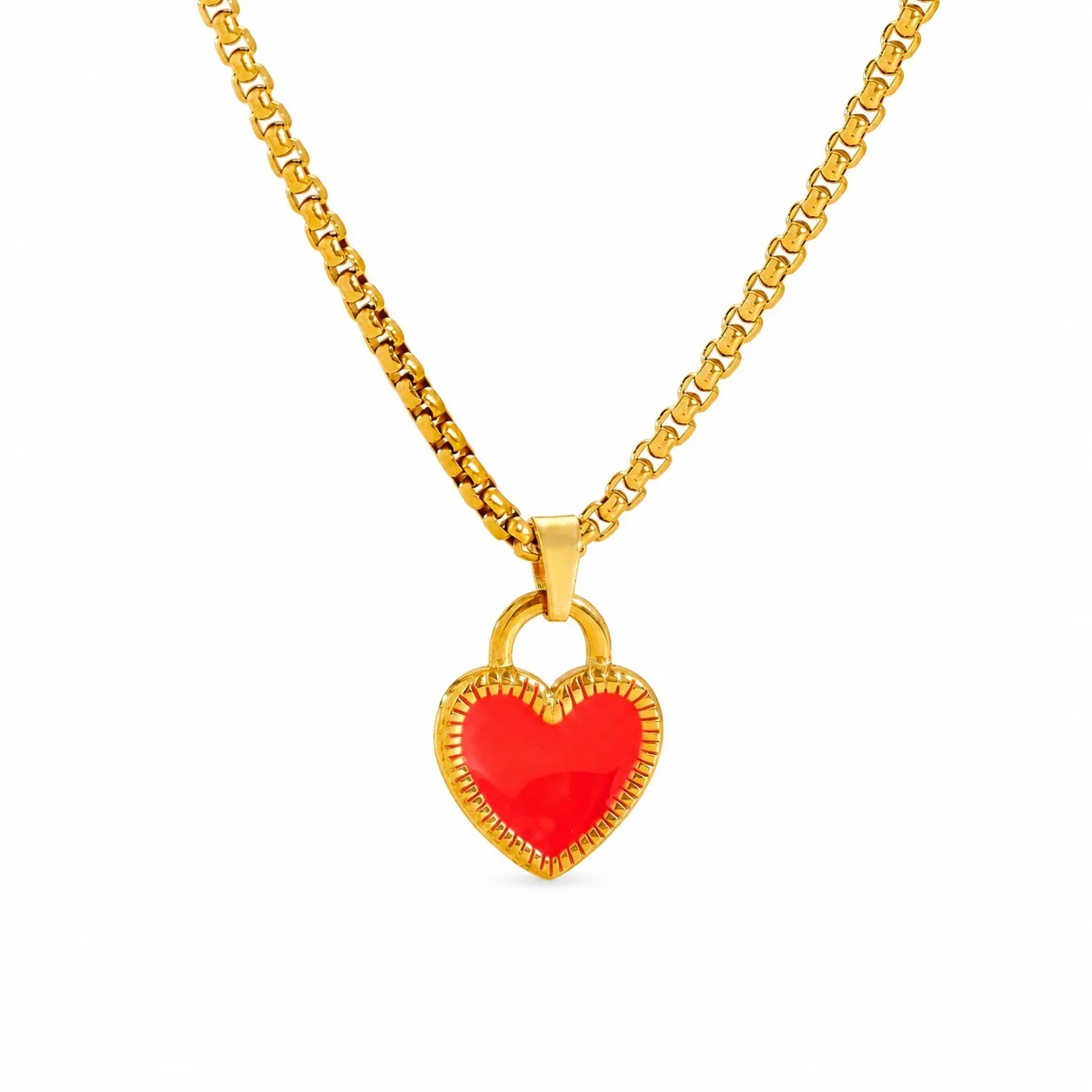 Heart Lock Pendant Necklace with Ribbed Enamel Gold-Plated Steel - Red