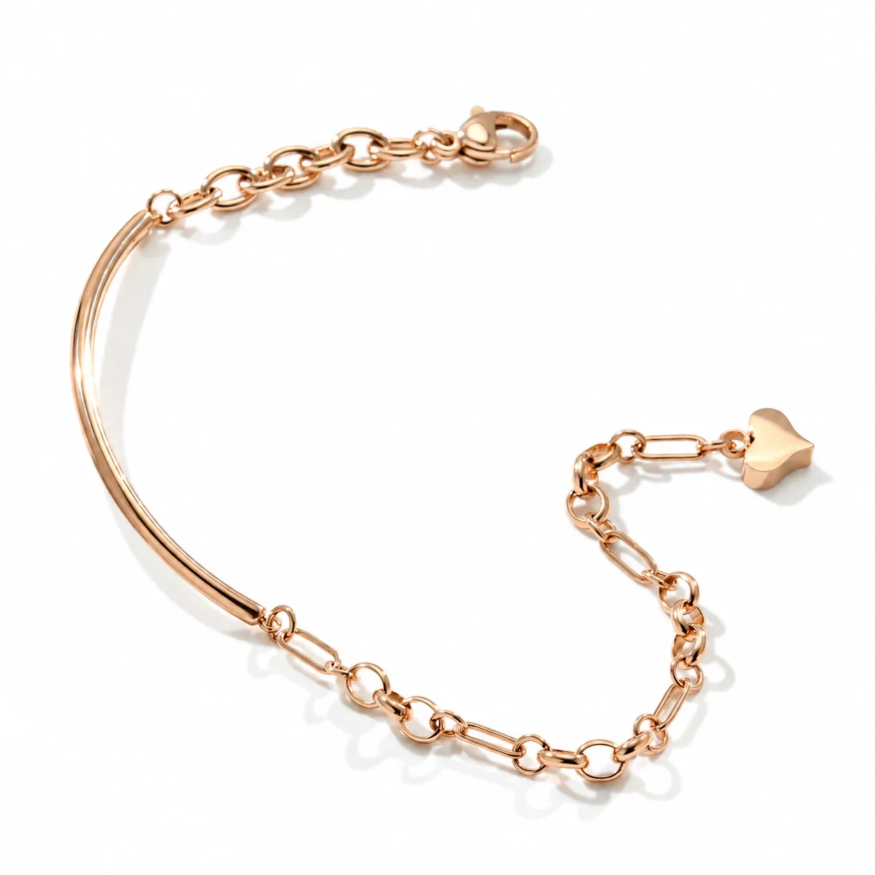 Heart Charm Curved Tube Chain Bracelet in Stainless Steel