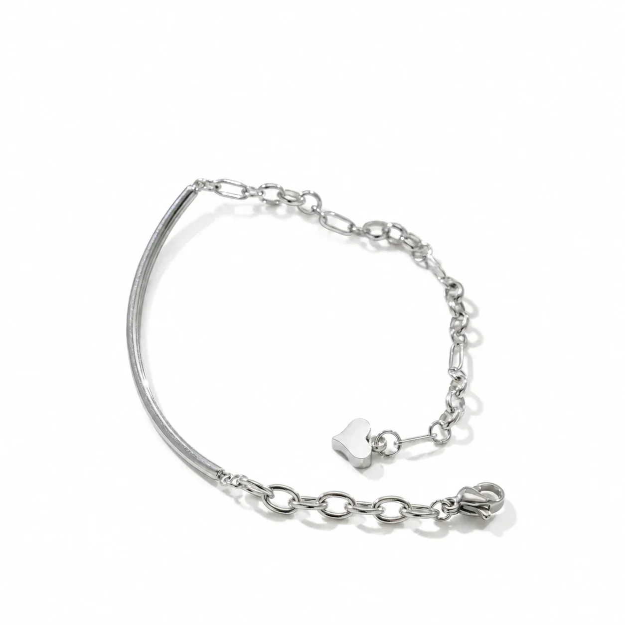 Heart Charm Curved Tube Chain Bracelet in Stainless Steel