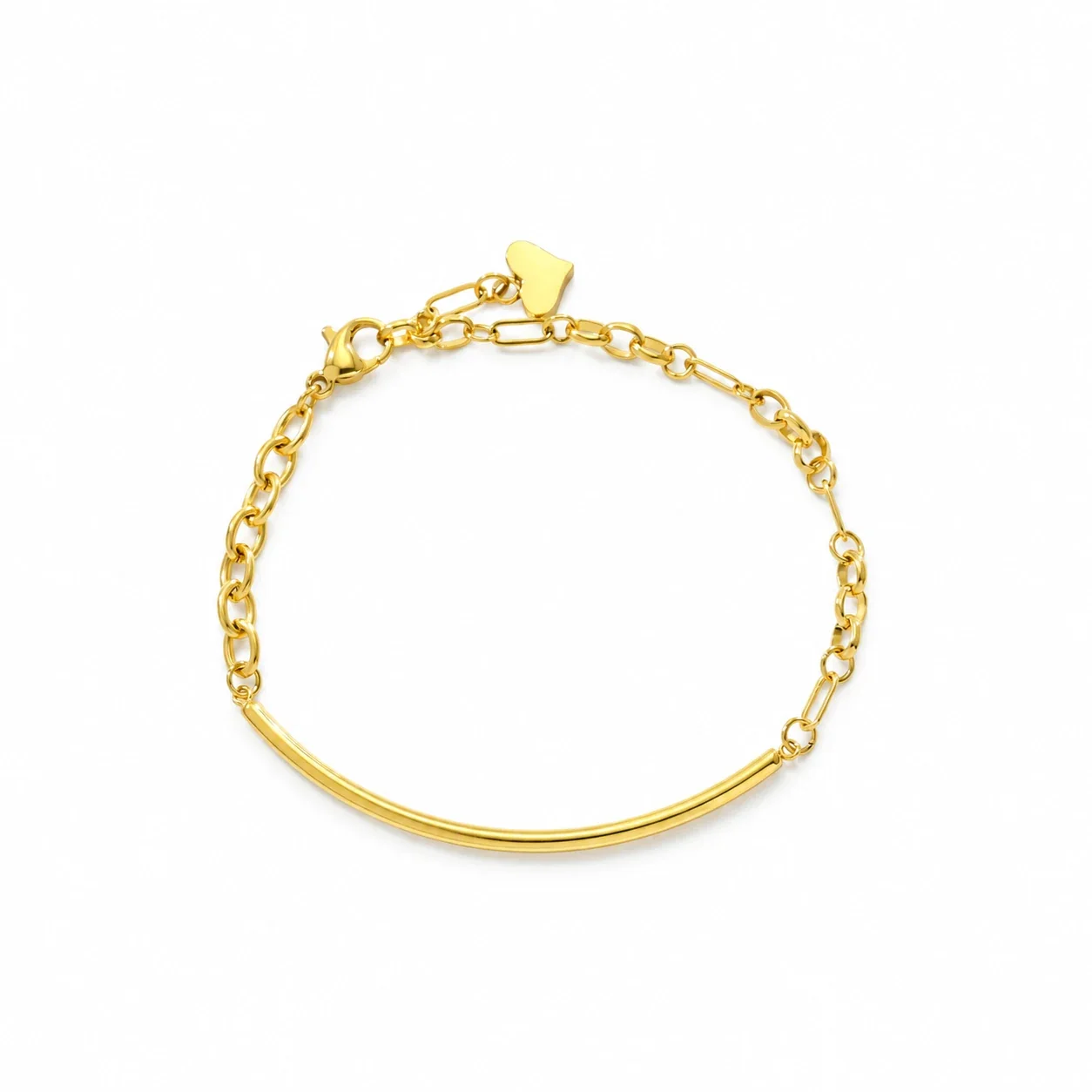Heart Charm Curved Tube Chain Bracelet in Stainless Steel - Gold