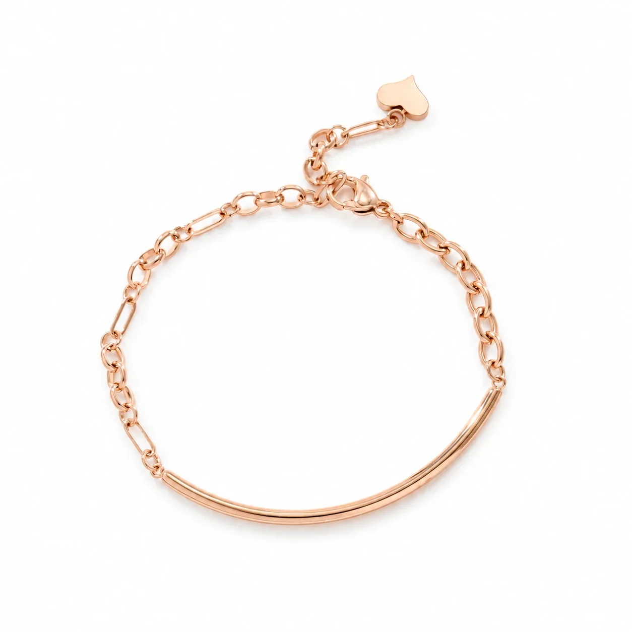 Heart Charm Curved Tube Chain Bracelet in Stainless Steel - Rose Gold