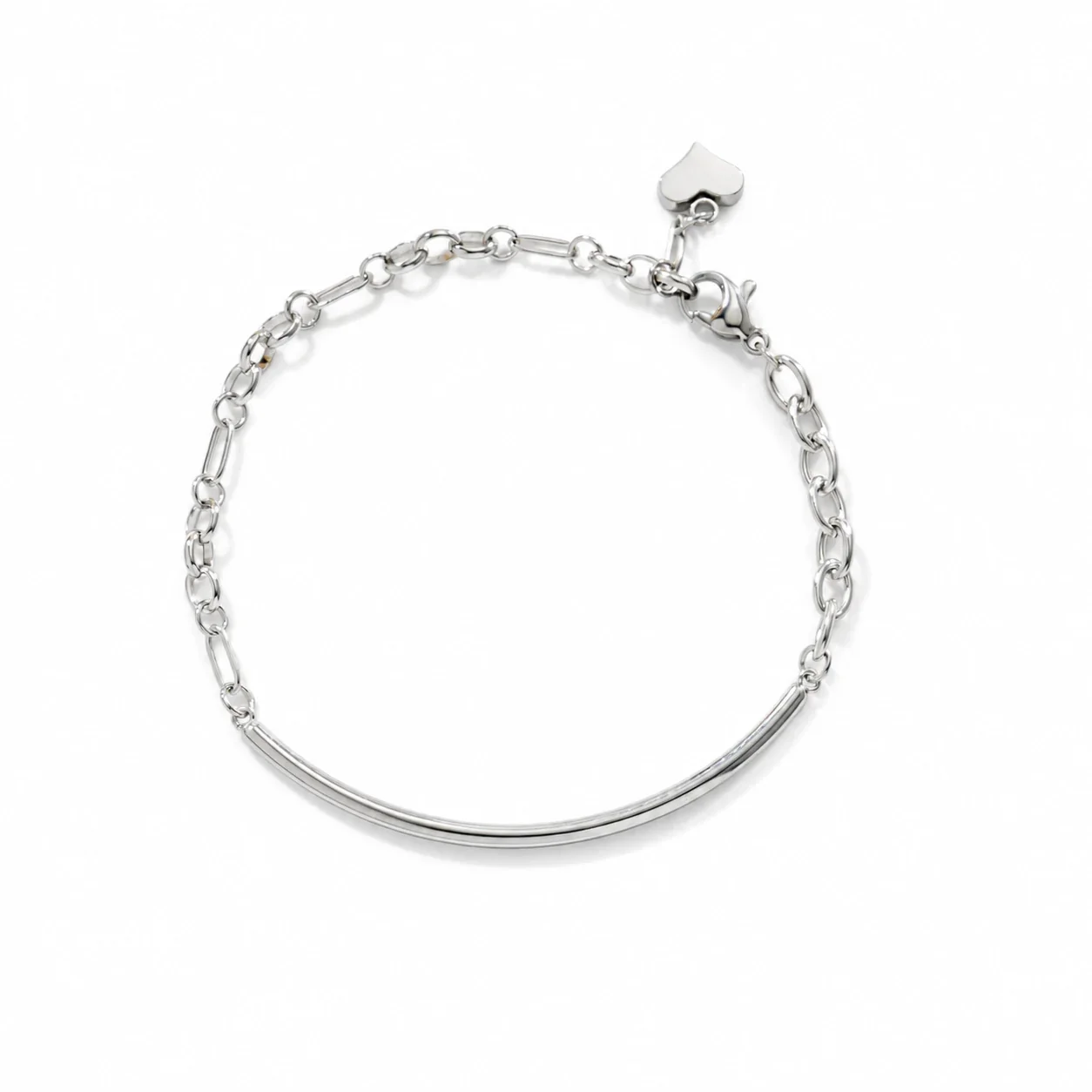 Heart Charm Curved Tube Chain Bracelet in Stainless Steel - Silver