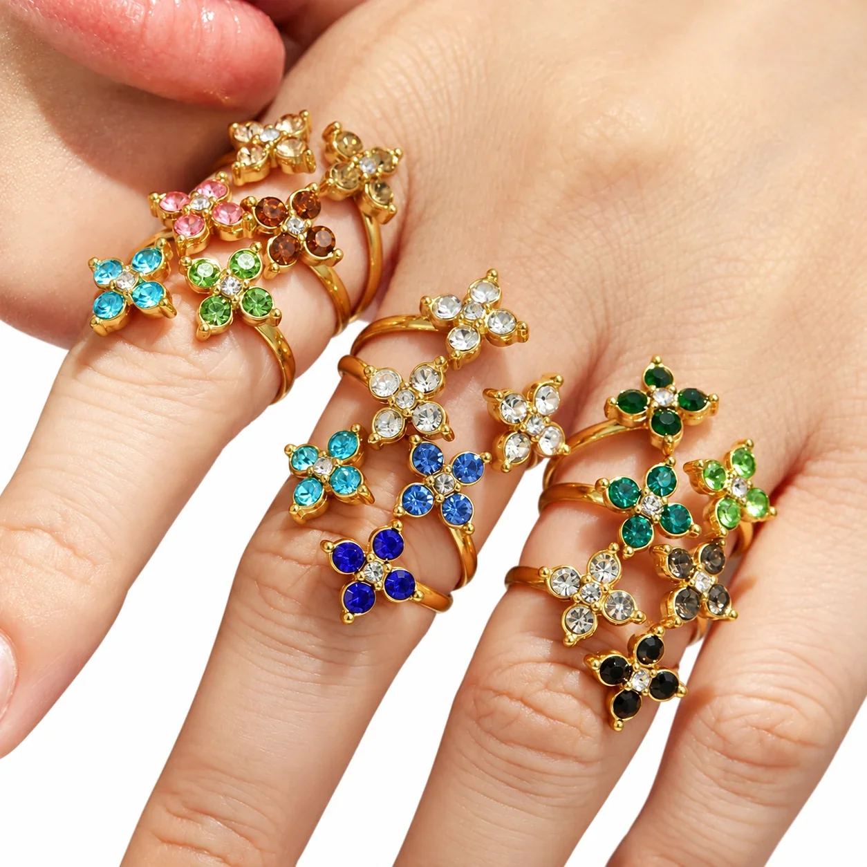 Open Flower Duo Ring, Round CZ, Gold-Plated 316 Stainless Steel
